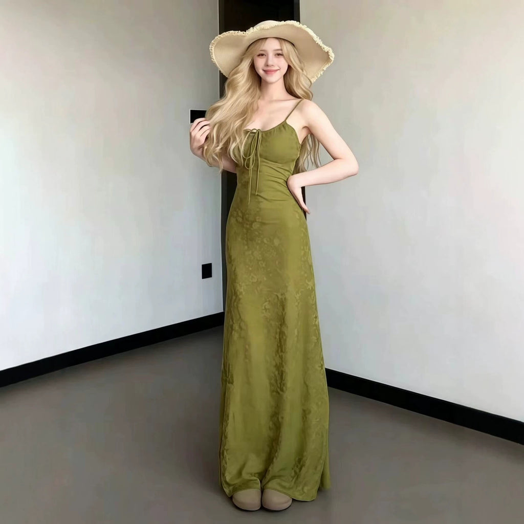 Green maxi strap dress with square neckline and built-in padded bra