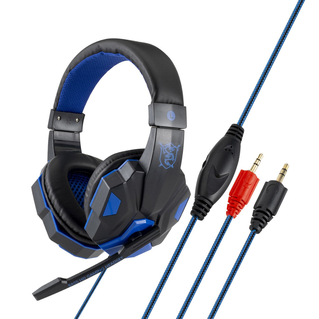 Blue over-ear headphones with glowing accents, inline cable, and jack plugs