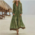 Green leopard-print hooded maxi dress, V-neck placket and flared tiered skirt