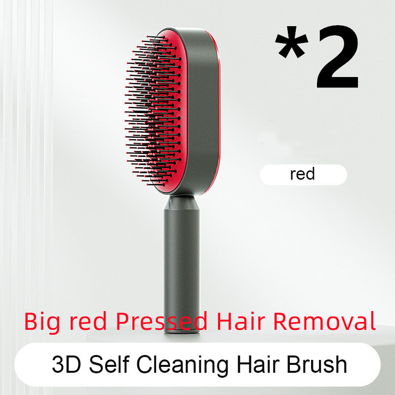 Self-cleaning airbag hair brush with red bristle head and gray handle