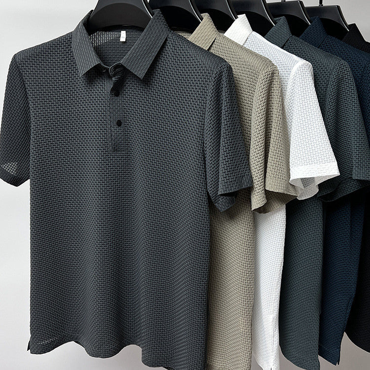 Men's short-sleeve mesh polo shirts on hangers, dark gray and light tones
