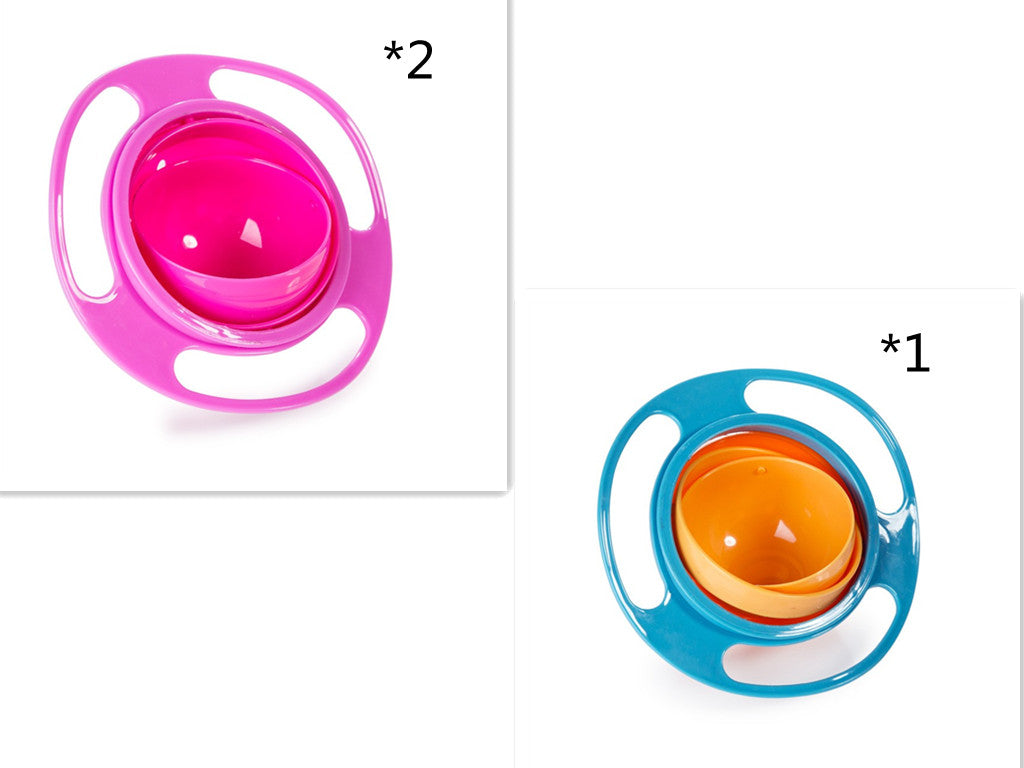 Set of spill-proof bowl dishes in pink and blue, each with a small inner cup