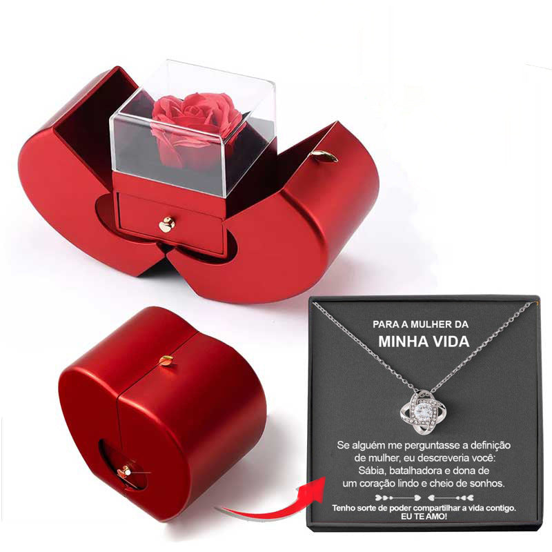 Red heart jewelry box with glass rose top, necklace set, and message card for gifting