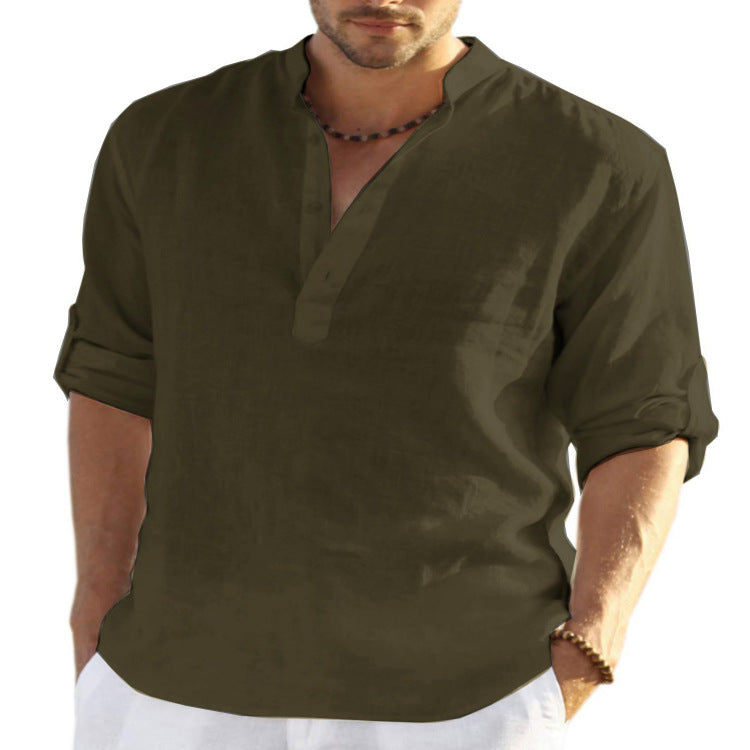 Men's casual long sleeve stand-collar shirt in dark green, loose fit