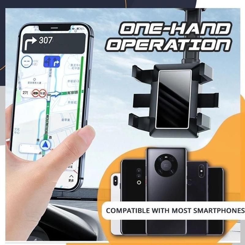 Black rearview mirror phone holder with mounted smartphone and hand adjustment