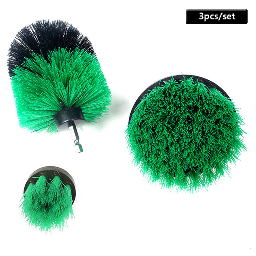 Electric drill cleaning brush set with green bristle round scrub heads, 3 pcs/set tag