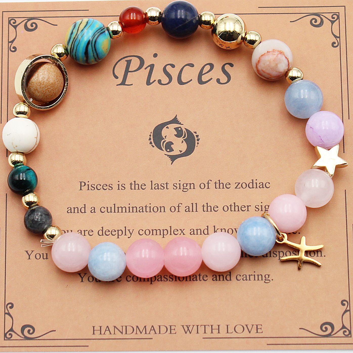 Pisces zodiac beaded bracelet with pastel beads and gold-tone star charm