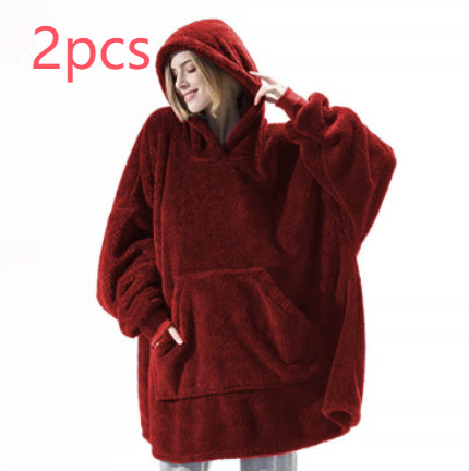 Red fleece hoodie sweatshirt with large kangaroo pocket and hood, loose fit