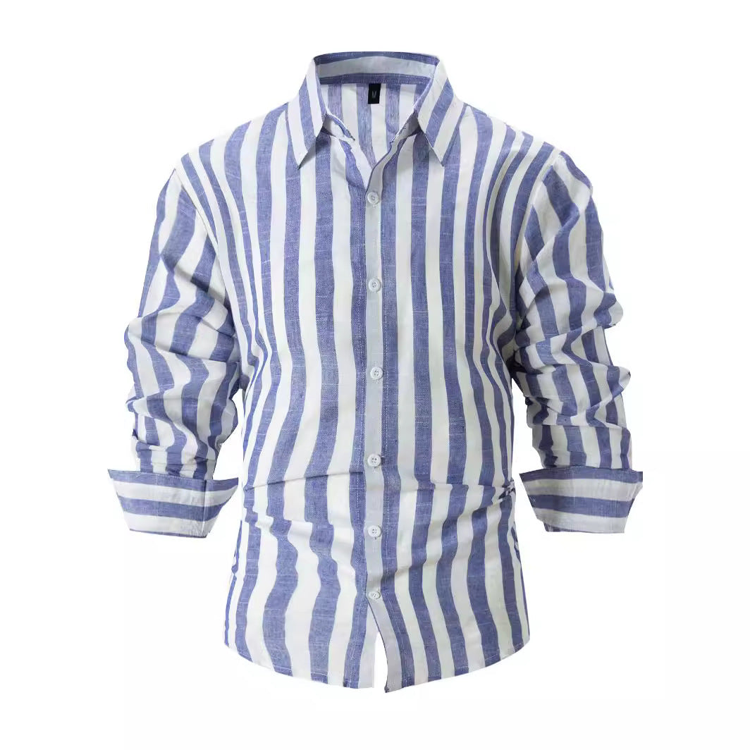Men's blue-and-white striped long-sleeve button-front shirt with collar