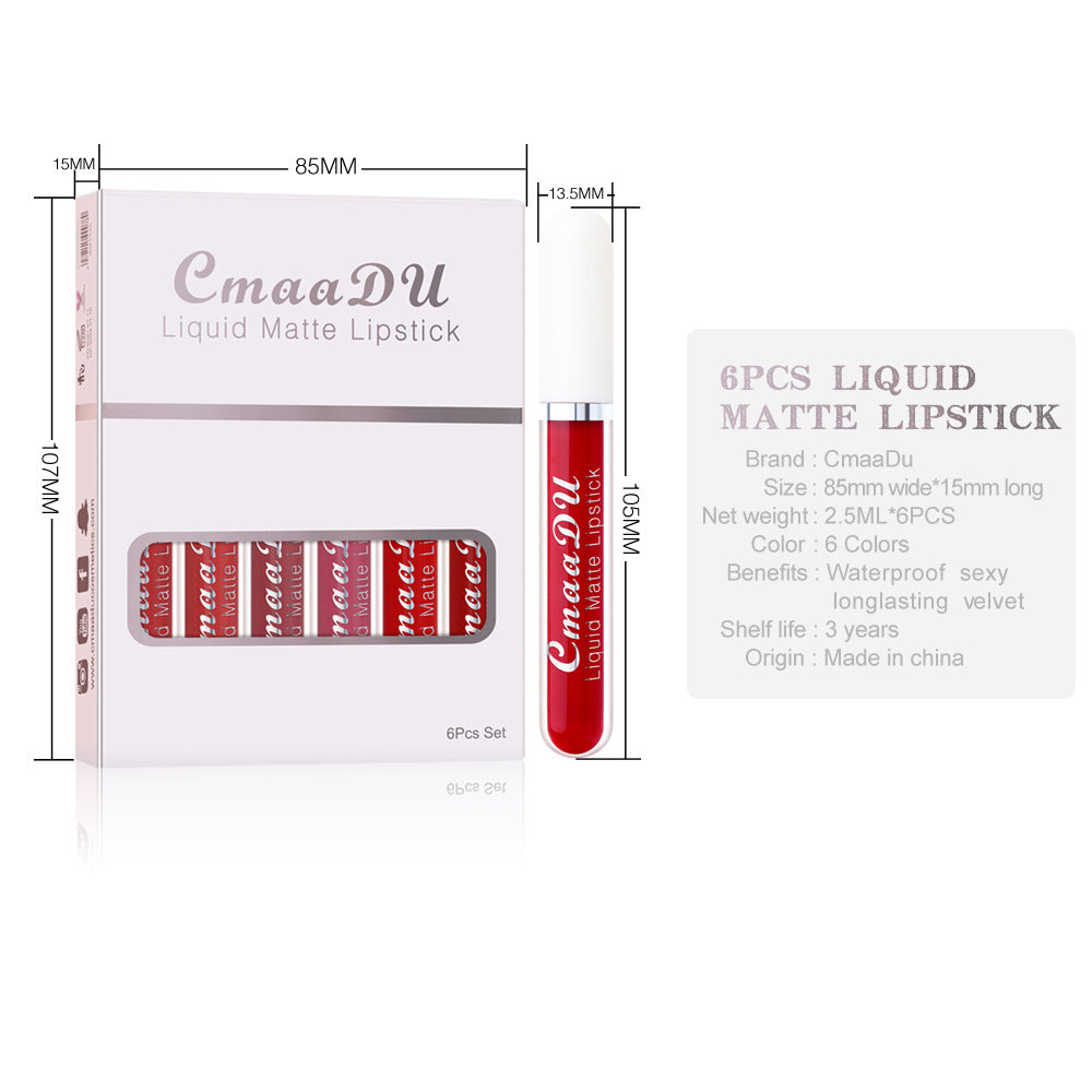 Liquid matte lipstick set box with size diagram and red lipstick tube shown