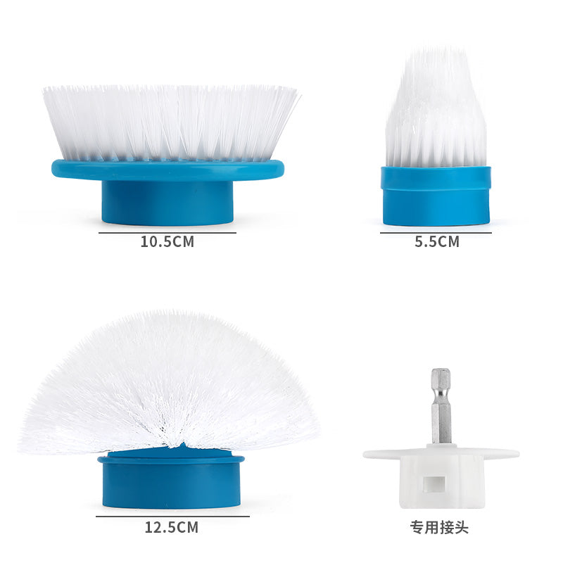 Electric drill brush attachment with white bristles, blue ring base, and connector