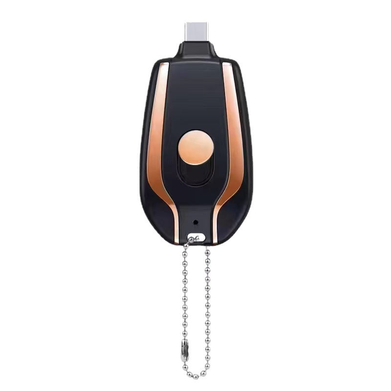 Black and orange mini keychain power bank pod charger with charging button and chain