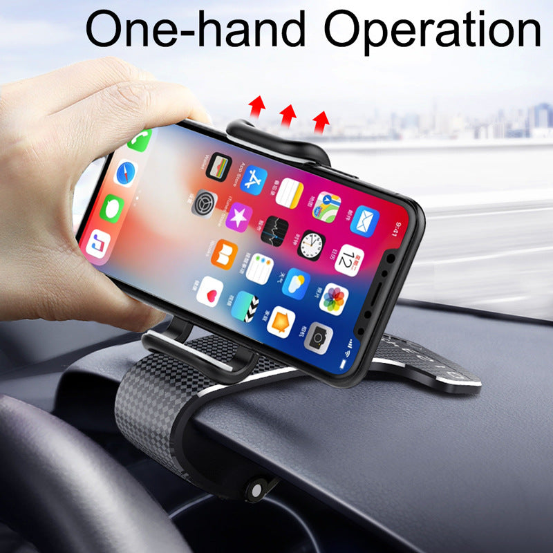 Snap-on car dashboard phone holder holding smartphone, textured clip base