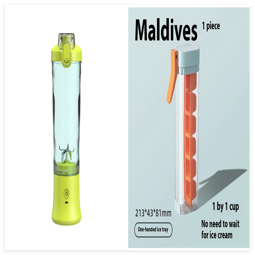Portable personal blender, lime green base with clear blending cup and top lid