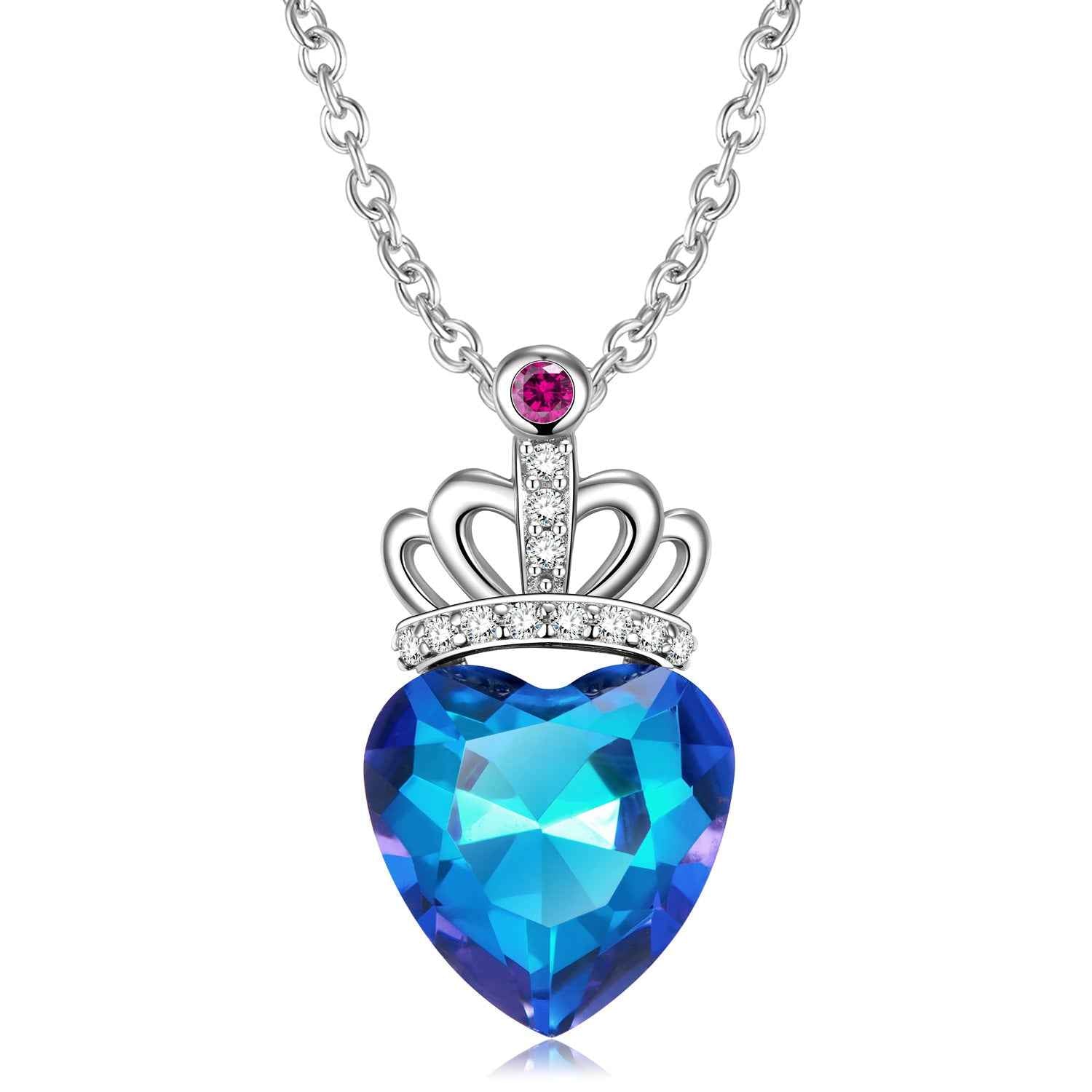 Sterling silver heart pendant necklace with blue faceted heart and pink crown top