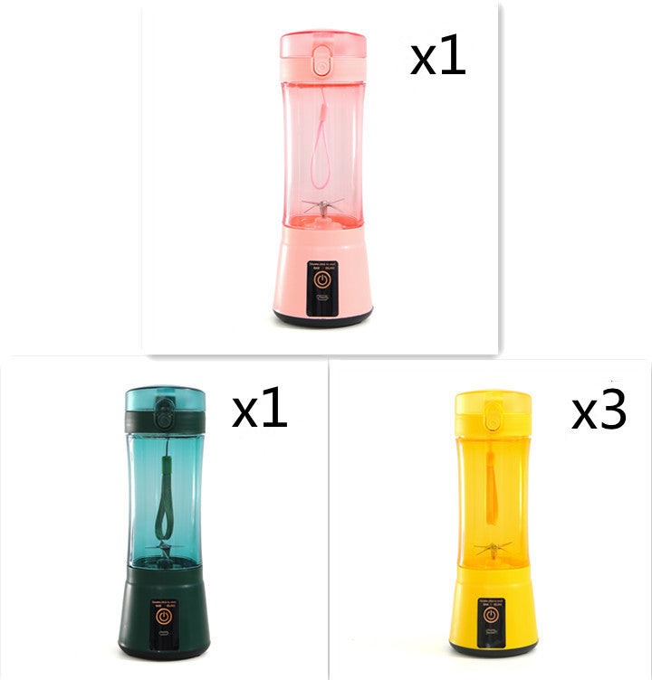 Mini electric fruit juicer set, pink, teal, and yellow transparent cups with dark bases