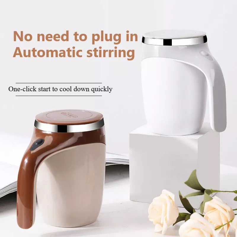 Electric stirring cup set with rotating magnetic base, white cup and brown cup