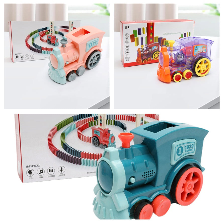 Domino train toy set with light pink and blue-green engines plus curved track rails