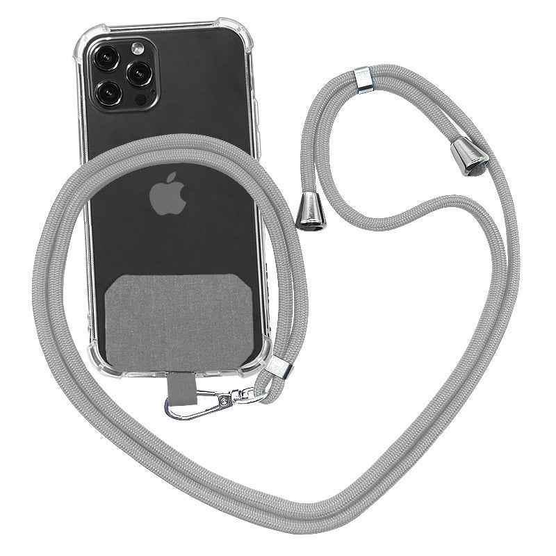 Phone lanyard strap with light gray rope and metal clips for holding a phone
