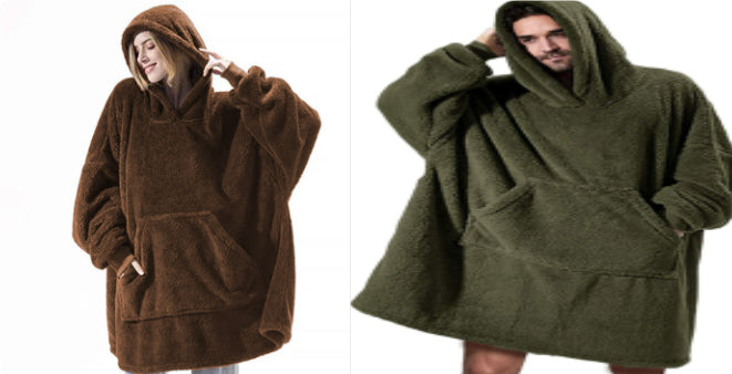 Brown and olive fleece hoodie sweatshirts with large kangaroo pockets and hoods