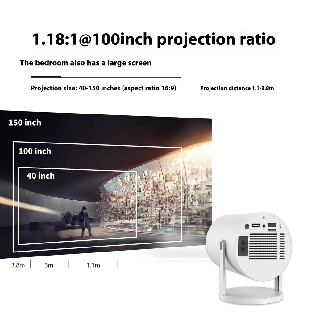 White portable projector with projection size and distance range diagram