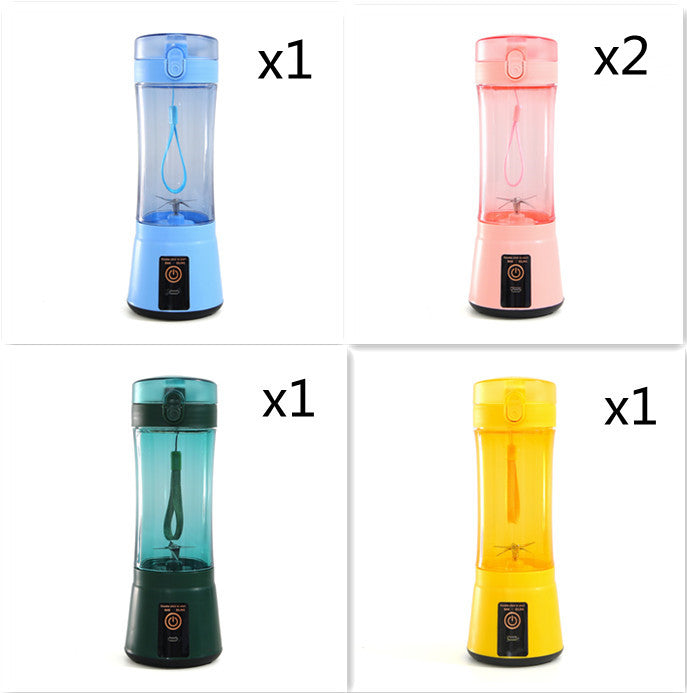 Portable mini blender set with blue, pink, teal, and yellow clear cups and black bases