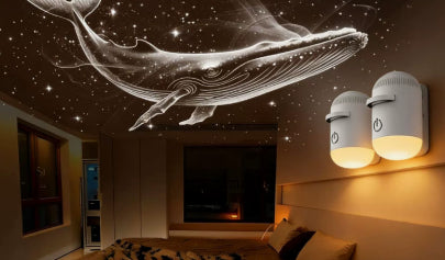 White bedside night light lamp with dual adjustable heads projecting a warm glow