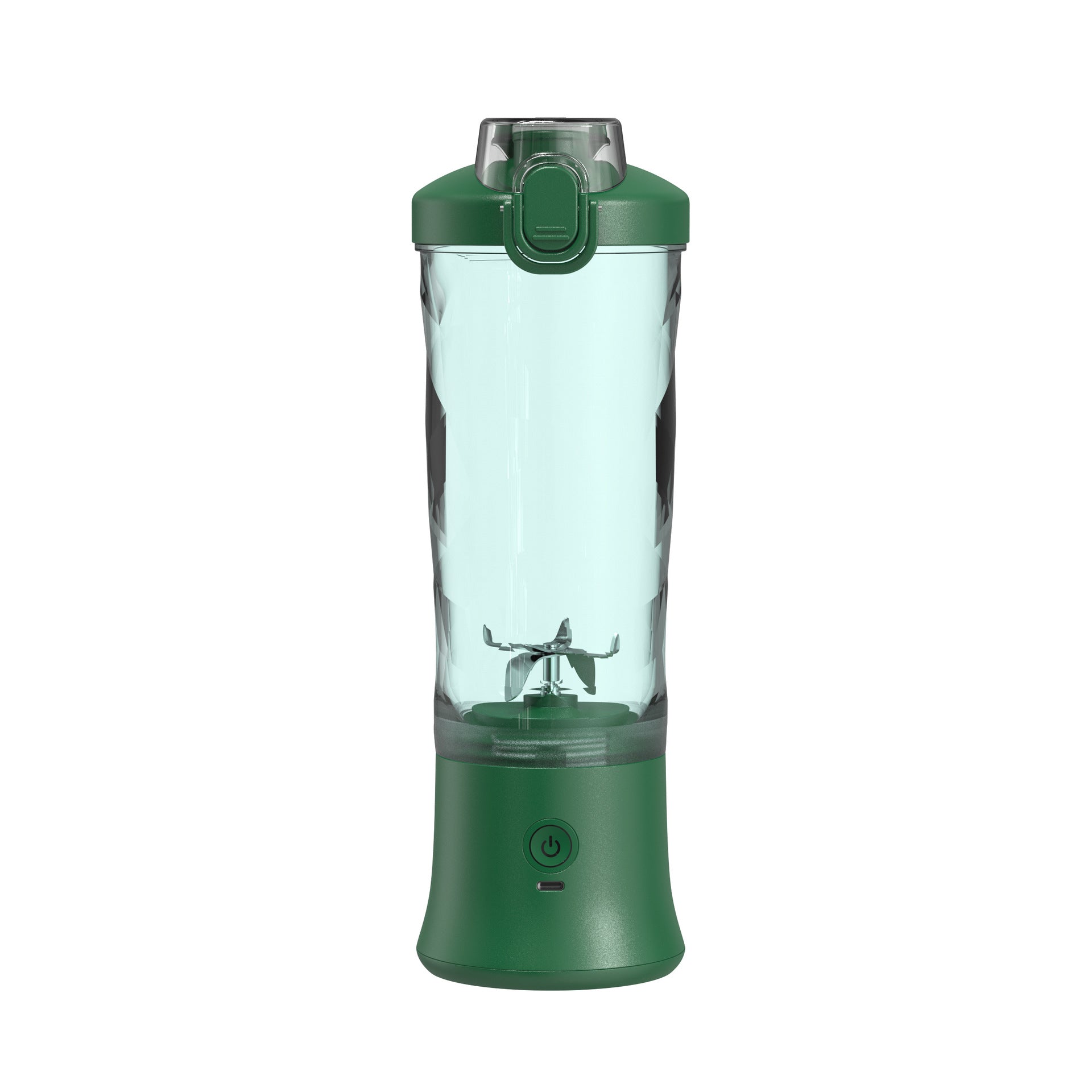 Portable blender juicer, clear cup with dark green base and dark green lid