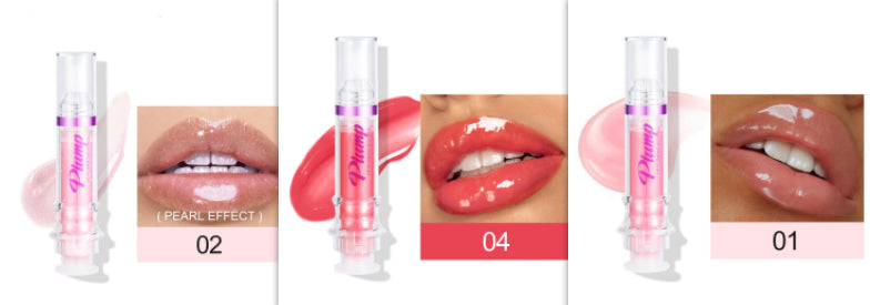 Liquid lip gloss in clear tube with purple-pink label; lip swatches show 02, 04, 01.